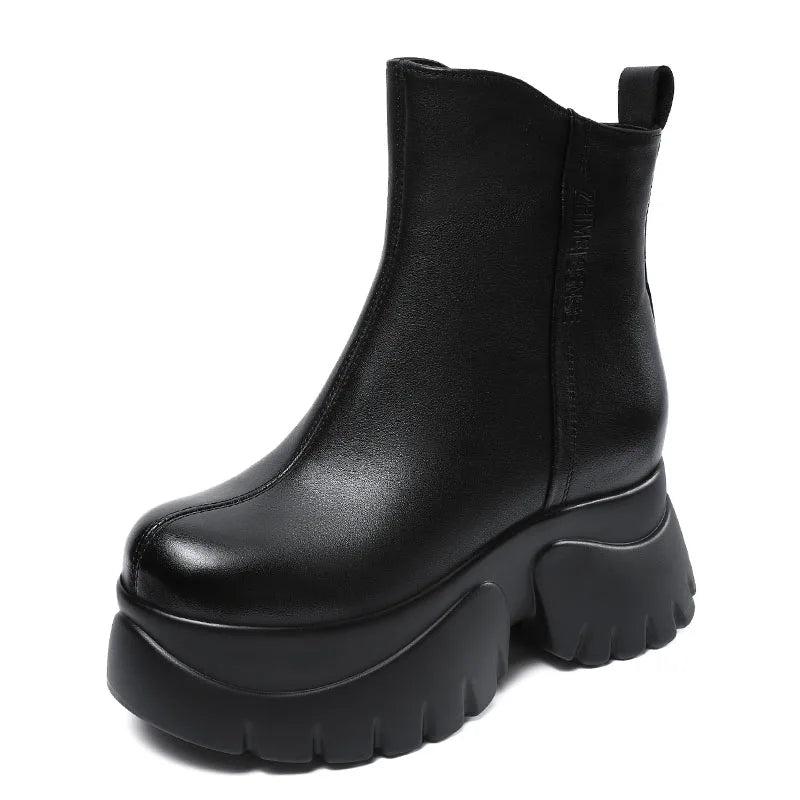 DRKANOL Women Genuine Leather Boots 2025 Autumn Winter Warm Platform Height Increasing 9.5cm High Heel Retro Casual Ankle Boots