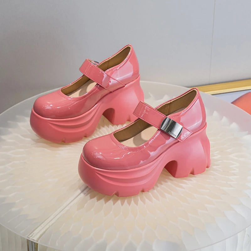 AUTUSPIN 9cm Fashion Wedges Pumps Women Rose Red High Heels Ladies Party Wedding Thick Bottom Leather Shoes Woman Mary Janes