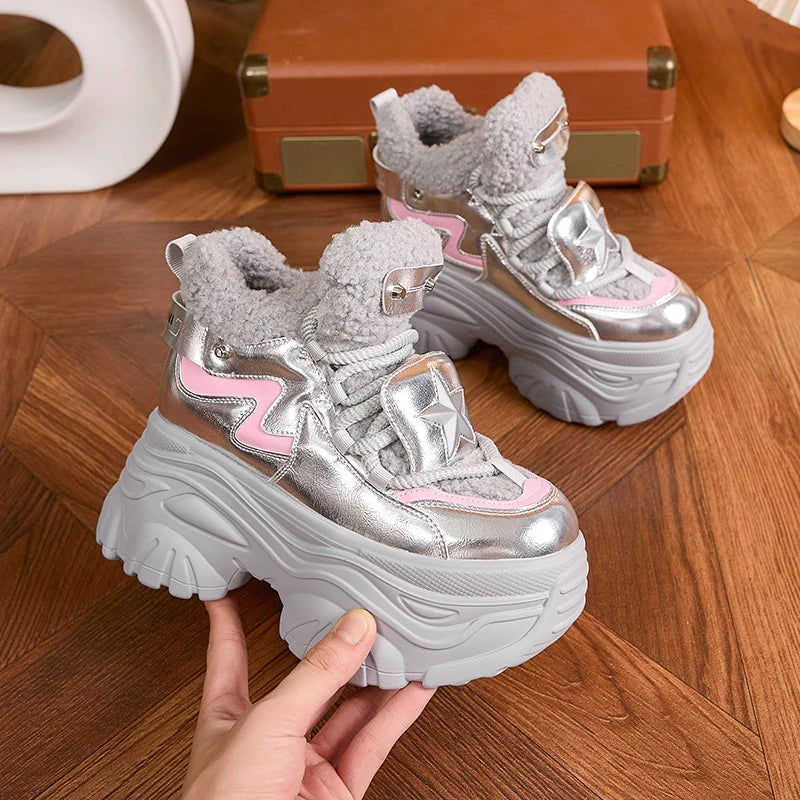 AUTUSPIN 8cm Winter Increased Height Warm Shoes for Women Fashion High Platform Thicken Sneakers Trendy Leather Chunky Shoes