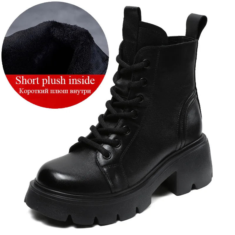 DRKANOL Genuine Cow Leather Ankle Boots For Women Height Increasing Thick High Heel Chunky Platform Autumn Winter Fur Warm Boots
