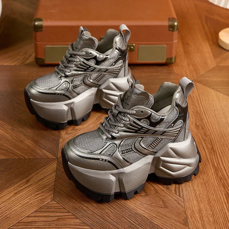 AUTUSPIN 8.5cm High Platform Chunky Women Shoes Retro Wedges Heels Increased Height Sneakers Females Popular Tide Vulcanize Shoe