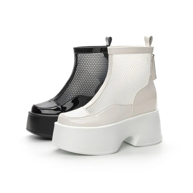 Fujin 11cm Air Mesh Patent Leather Boots Chimney Summer Motorcycle Sandals Hollow Ankle Booties Women Moccasins Fashion Shoes