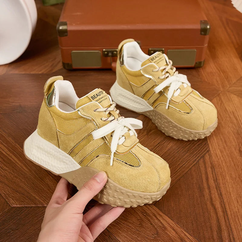 AUTUSPIN Summer Sneakers for Women 2025 Street Style Breathable Mesh Sports Training Shoes Female Spilcing Leather Lace-up Shoes