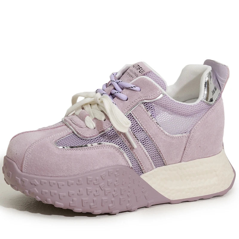 AUTUSPIN Summer Sneakers for Women 2025 Street Style Breathable Mesh Sports Training Shoes Female Spilcing Leather Lace-up Shoes