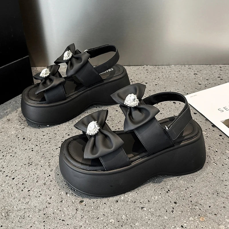 AUTUSPIN Fashion Women Chunky Sandals Summer New Platform Wedges Ladies Thick Soled Shoes Female Butterfly Sweet Block Heels