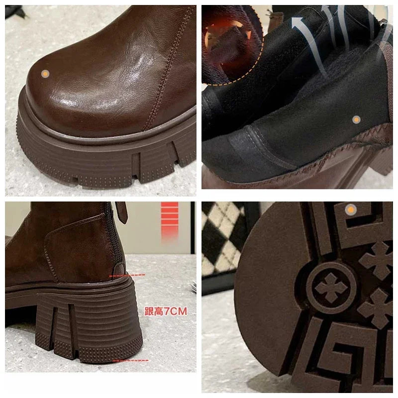 Fujin 7cm Genuine Leather Spring Round Toe Shoes Motorcycle Boots Women Ladies Fashion Chimney Autumn Moccasins Ankle Booties