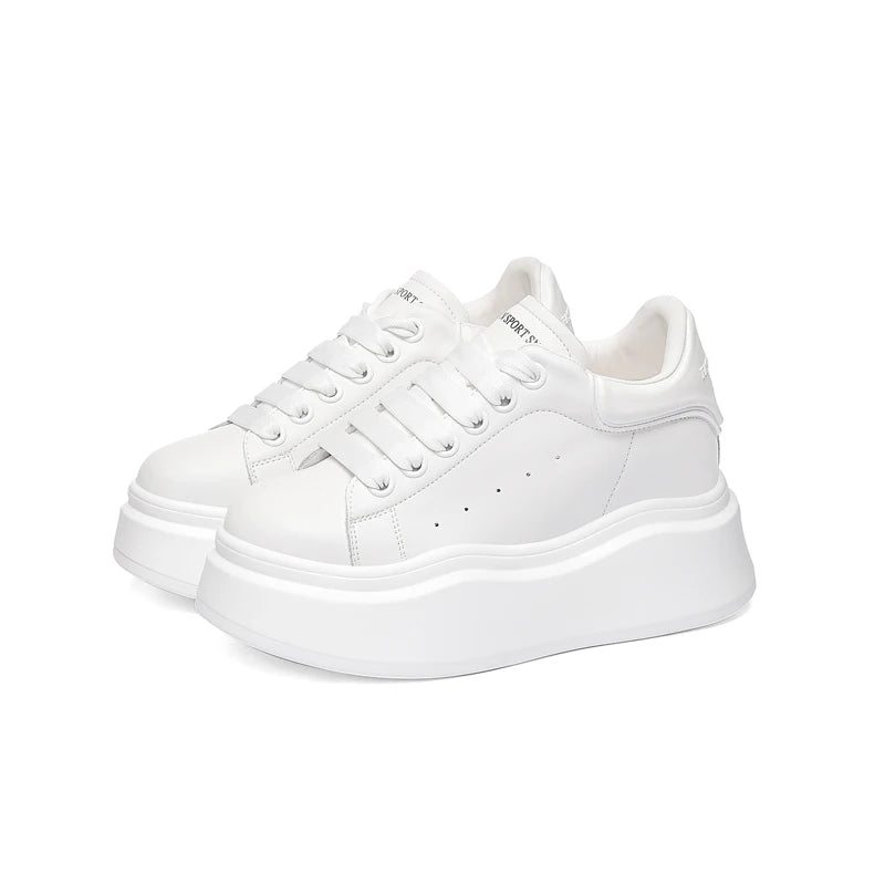 AUTUSPIN 6cm Chunky Shoes for Women Genuine Leather Lace Up Vulcanized Sneakers Spring Fashion Casual Non Slip Platform Sneaker