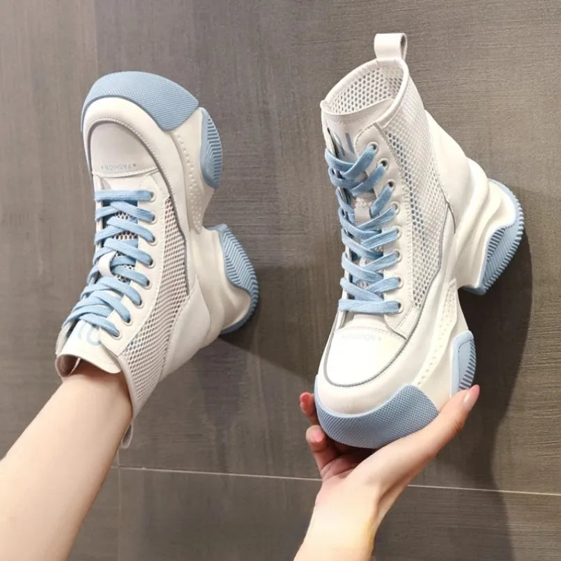 Fujin 8cm Women Breathable Platform Chimney Hollow Fashion Summer Shoes Air Mesh Genuine Leather Synthetic Mid Calf Ankle Boots