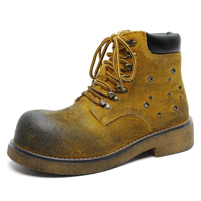 STRONGSHEN Handmade Men Motorcycle Boots Chunky Ankle Boots Leather Men Boots Retro Round Toe Autumn Winter Punk Street Style