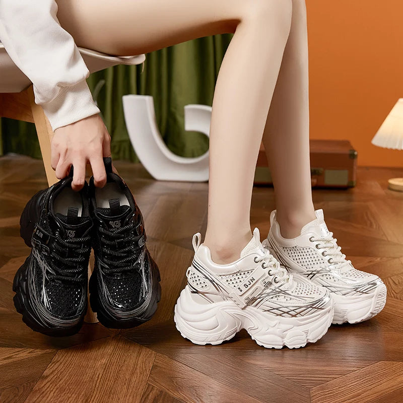 AUTUSPIN 9cm White Chunky Sneakers Women Summer Autumn Bling Rhinestones Shoes for Girls Thick Platform Footwear Size 34-39