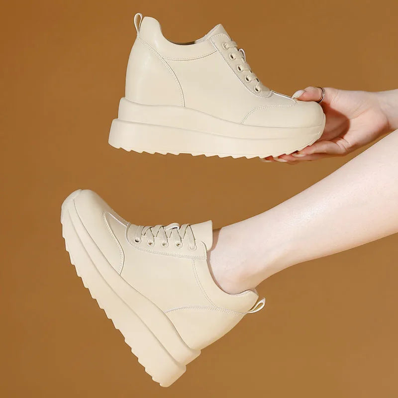 DRKANOL 10cm Height Increasing Hidden Heel Shoes Women Split Leather Solid Color Thick Sole Chunky Platform Casual Single Shoes