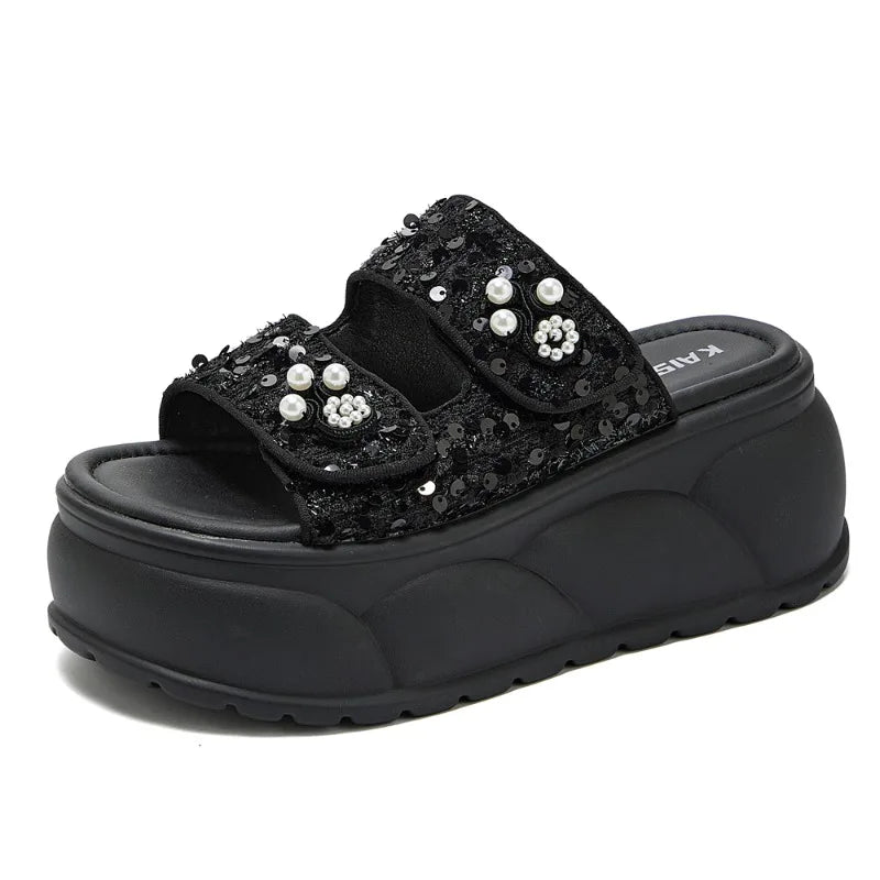 AUTUSPIN 7cm Women Sandals Summer Fashion Wedges Platofrms Shoes Leisure Slides Female Beads Decoration Slippers Size 34-39