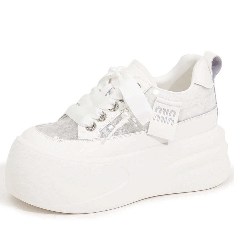 Autuspin Women Inner Height Shoes New Fashion Lace Bling Leather Summer Chunky Platform Skateboard Sneakers Ladies Trend Tide
