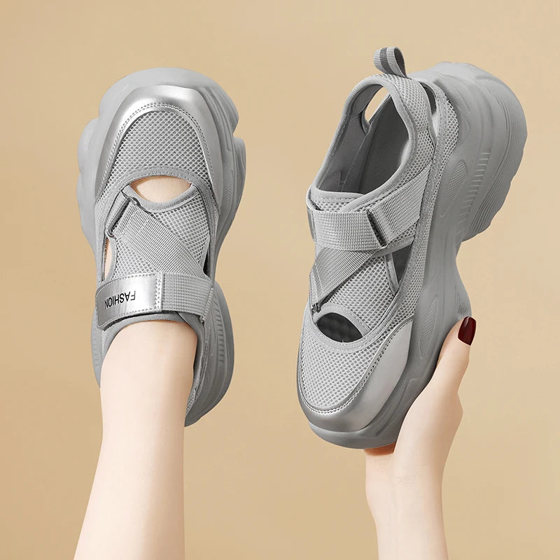 Autuspin 5.5cm Thick Bottom Women's Vulcanize Shoes Summer New Fashion Female Hollow Mesh Breathable Sports Sandals Sneakers