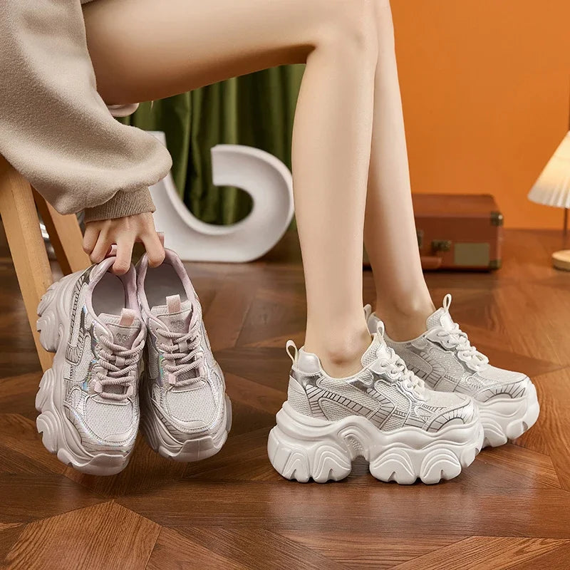 AUTUSPIN 9.5CM Thick Soled Women Pink Shoes Spring Summer Breathable High Platform Sneakers Outdoor Korea Style Footwear Woman