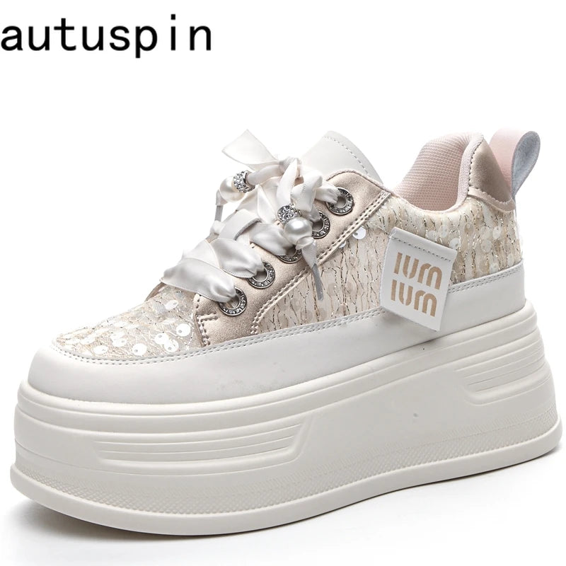 Autuspin Size 34-39 Ladies Summer Lace Shoes Fashion Bling Decoration Flats Platform Loafers Women Genuine Leather Daily Shoes