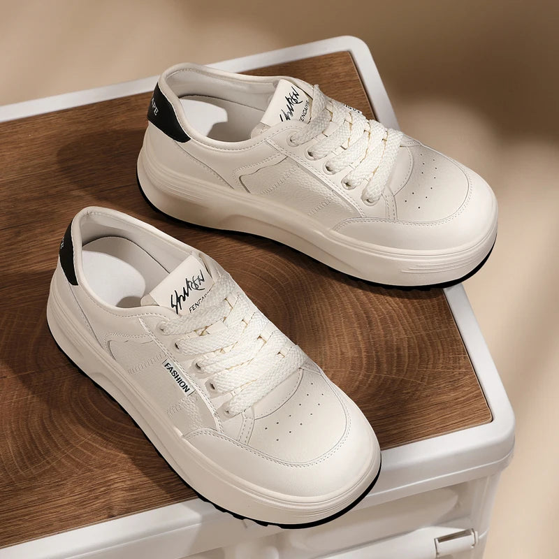 AUTUSPIN 2cm Flat Skateboarding Shoes Women Winter Autumn Synthetic Leather Platform Female Shoes Students Daily Sports Sneakers