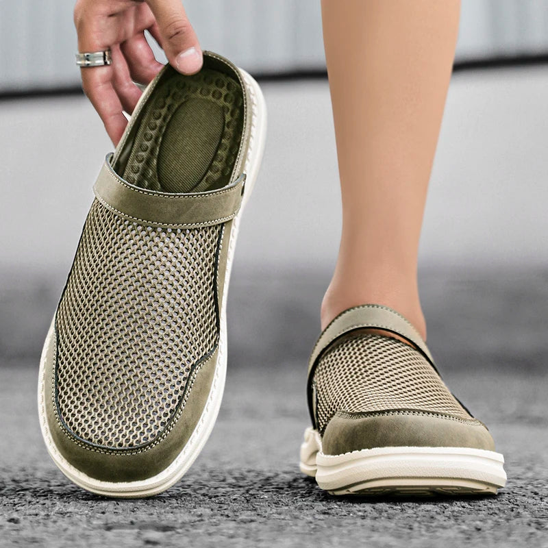 Luxury Men Slipper Comfy Casual Breathable Mesh Shoes Mules Leather Soft Bottom Sandals Summer Outdoor Non-slip Walking Shoes