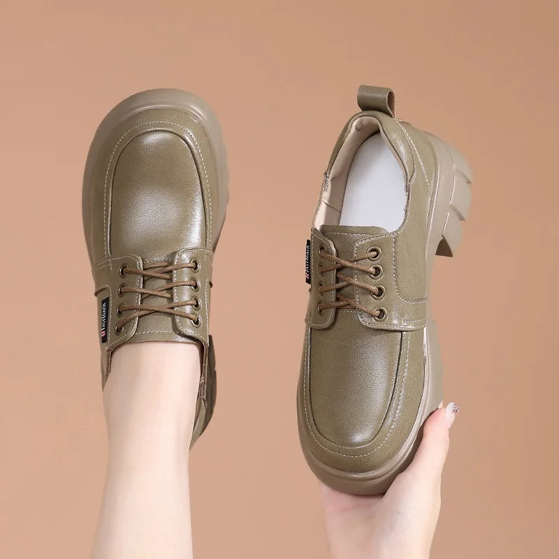 DRKANOL Fashion Women Shoes Lace-Up Round Toe Med Thick Heel Casual Shoes Ladies Real Cowhide Autumn Winter Warm Shoes H5089