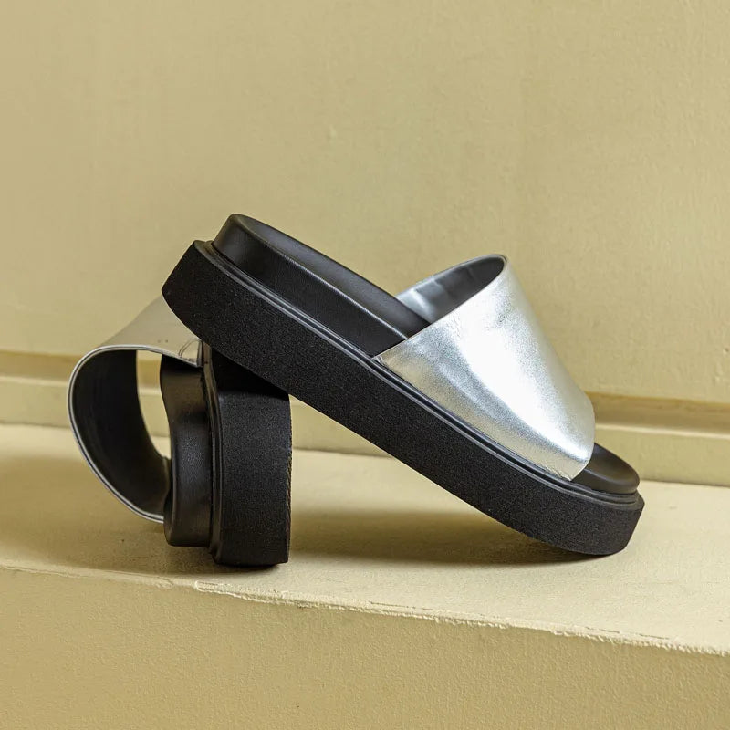 DRKANOL Fashion Women Chunky Platform Slippers Summer Slip On Open Toe Cow Genuine Leather Wedges Heel Slippers Casual Slides