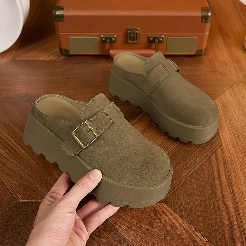 AUTUSPIN Fashion Suede Leather Slippers Women Leisure Buckle Mules Shoes Spring Summer Thick Platform Woman Round Toe Slides