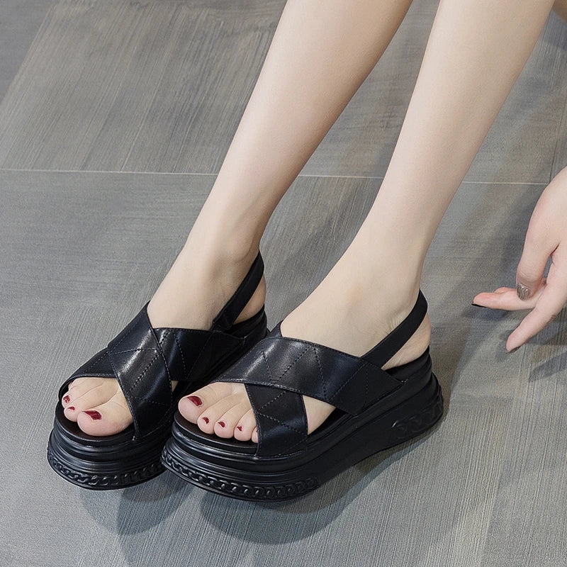 AUTUSPIN Size 33-40 Women's Sandals Summer Fashion Flats Platform Ladies Shoes New Synthetic Leather High Heels Rome Style 7cm