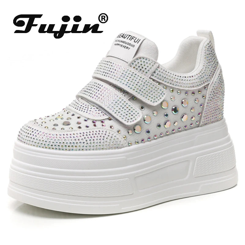 Koznoy 10.5cm Air Mesh Synthetic Leather Chunky Sneaker Women Comfy Summer Bling Platform Wedge Fsahion Ankle Boots Shoes