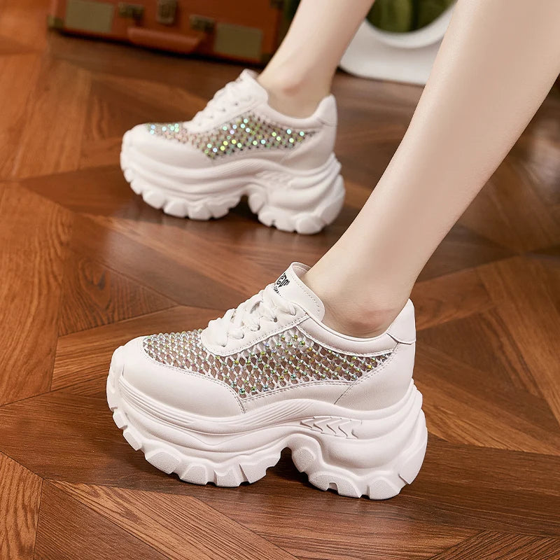 AUTUSPIN Women Summer Thick Soled Shoes Fashion Shiny Rhinestones Sneakers Outdoor Leisure Platform Wedges Crystal Shoes Woman
