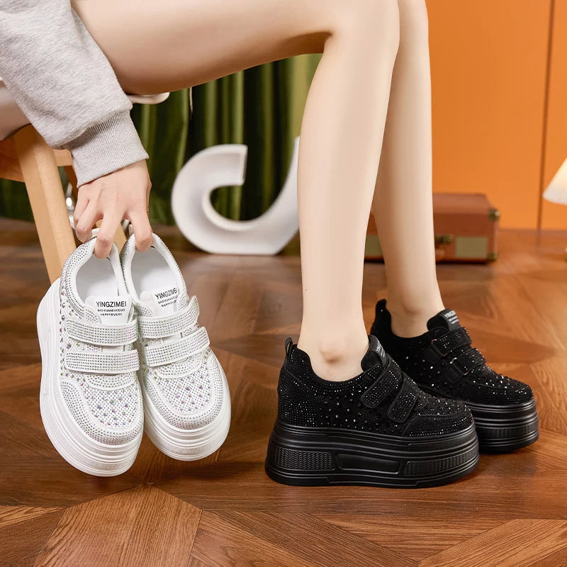 AUTUSPIN 9cm Wedge Women Skateboard Shoes Four Season White Crystal Chunky Sneakers Street Leisure Shoes Woman Street Tide