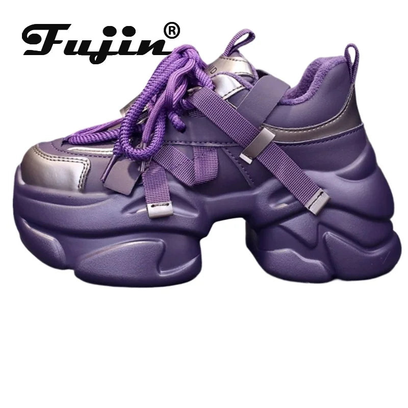 Fujin 8cm Women Platform Wedge Spring Boots Casual Genuine Leather Vulcanize Ankle Autumn Chunky Sneakers Ergonomic Woman Shoes
