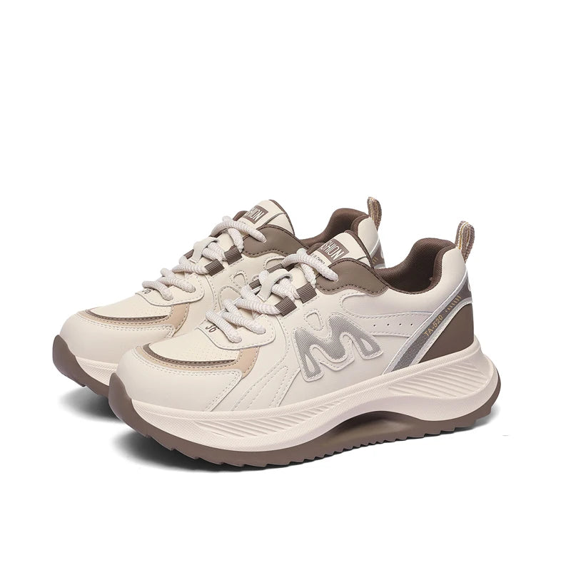 AUTUSPIN 4.5cm Comfortable Thick Soled Ladies Shoes Outdoor Casual Fashion Sneakers Women Leather Footwear Students Gym Shoes