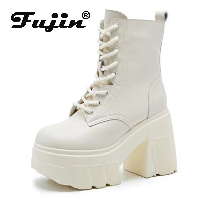 Fujin 11cm New Microfiber Leather Women High Brand ZIP Increase Casual Ankle Boots Pumps Heels White Shoes Platform Wedge Shoes