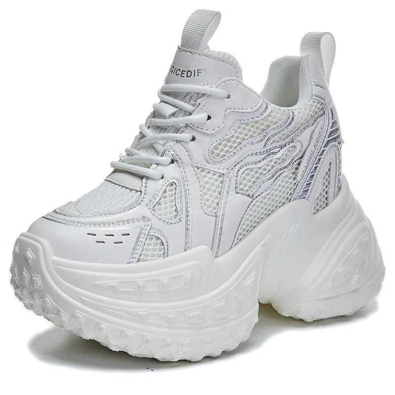 Fujin 12cm Air Mesh Microfiber Genuine Leather Spring Shoes Ankle Booties Women Vulcanize Chunky Sneakers Platform Wedge Autumn