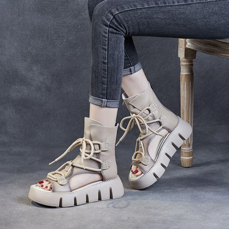 DRKANOL High Quality Women Sandals Handmade Retro Wedges Heel Sandals Ladies Summer Back Zipper Platform Roman Cool Boots