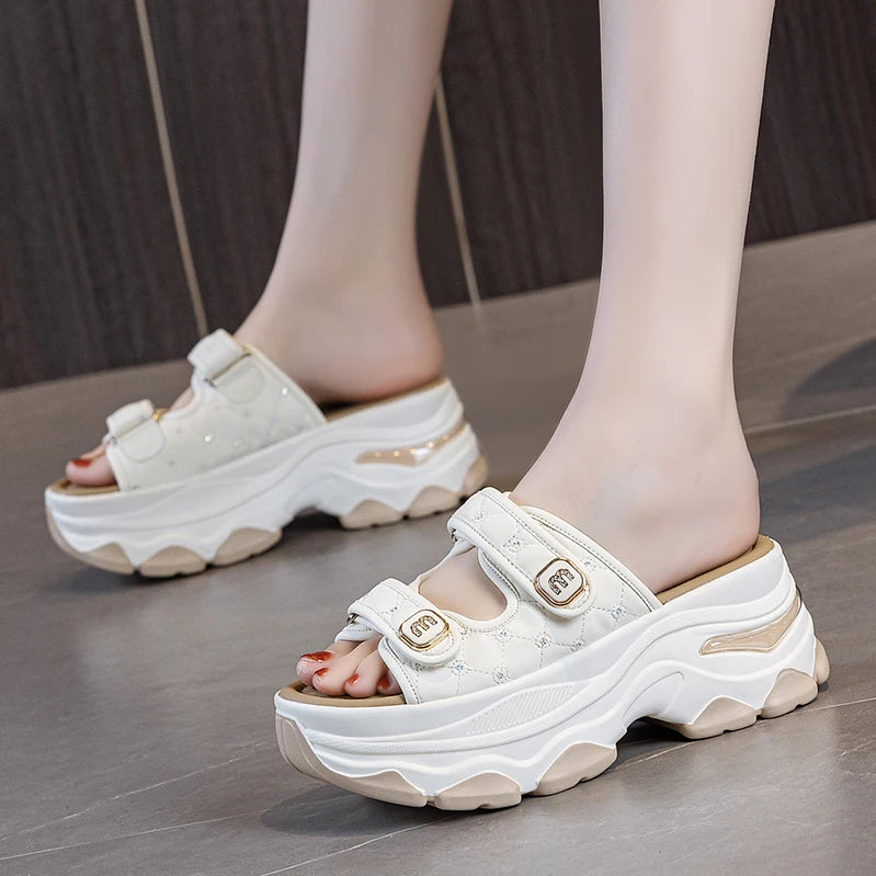 AUTUSPIN 7cm Chunky High Heels Women Summer 2025 New Design Crystal Letter Decoration Sandals Fashion Platform Woman Slippers