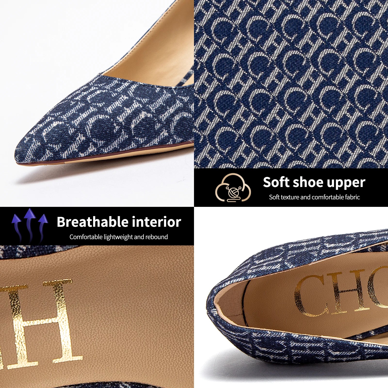 Classic style French ladies' high heels, shallow heel, letter cowboy print design, classic fashion.