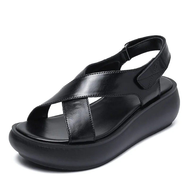 DRKANOL Fashion Women Wedges Heel Sandals Summer Shoes Cross Genuine Leather Open Toe Hook And Loop Chunky Platform Sandals