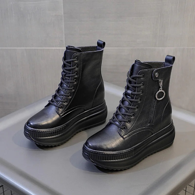 DRKANOL Height Increasing Ankle Boots For Women Real Cowhide Chunky Platform Casual Short Boots Autumn Winter Warm Shoes Black
