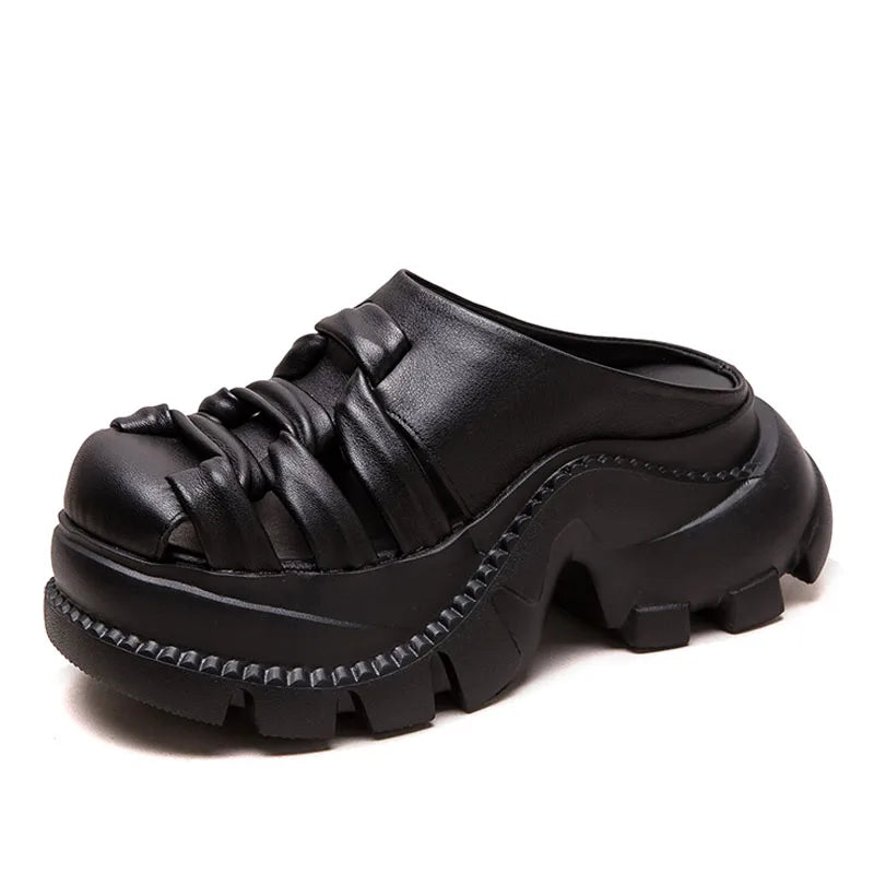 DRKANOL Women Slippers Summer 7cm Height Increasing Wedges Platform Slippers Woven Genuine Cow Leather Outside Casual Slides