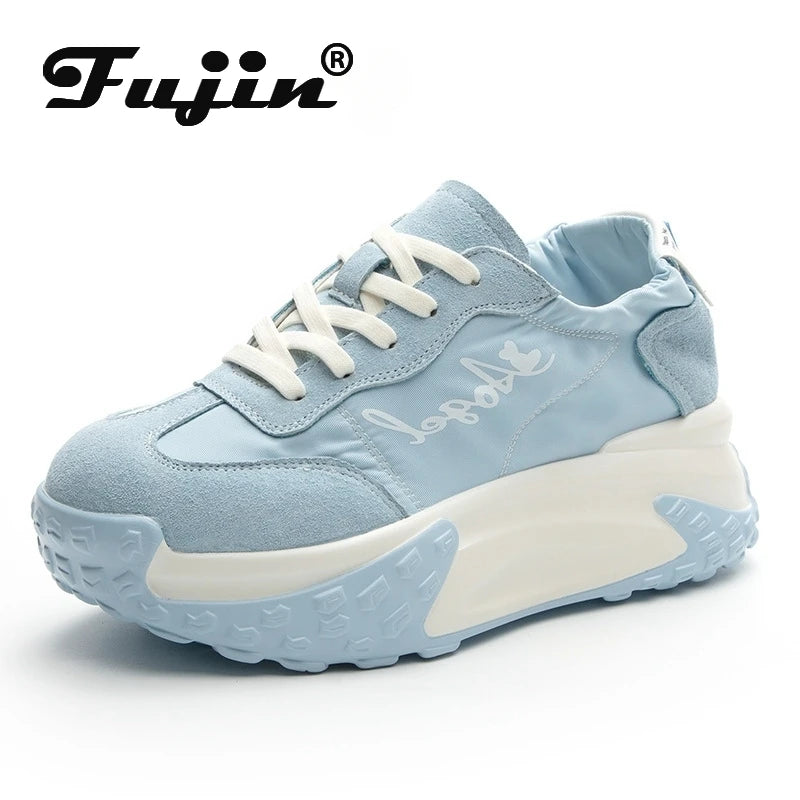 Fujin 7cm Denim Cloth Suede Genuine Leather Platform Wedge Flats Comfy Booties Breathable Women Chunky Sneaker Summer Shoes