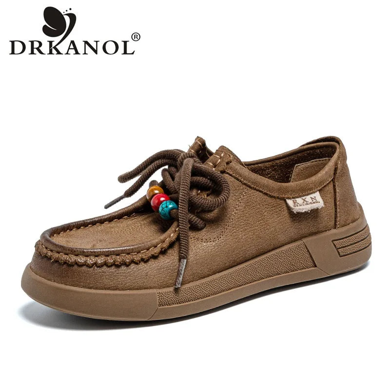 DRKANOL Fashion Women Flat Shoes Handmade Retro Literary Style Genuine Cow Leather Lace-Up Casual Shoes Soft Comfort Loafers