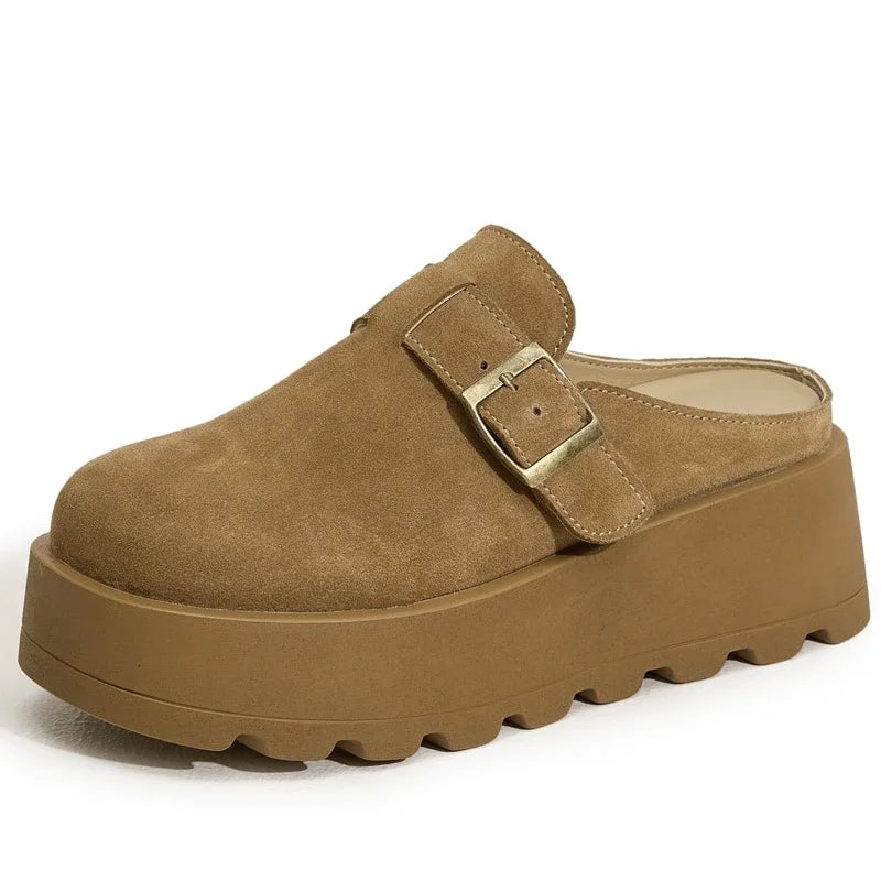 AUTUSPIN Fashion Suede Leather Slippers Women Leisure Buckle Mules Shoes Spring Summer Thick Platform Woman Round Toe Slides