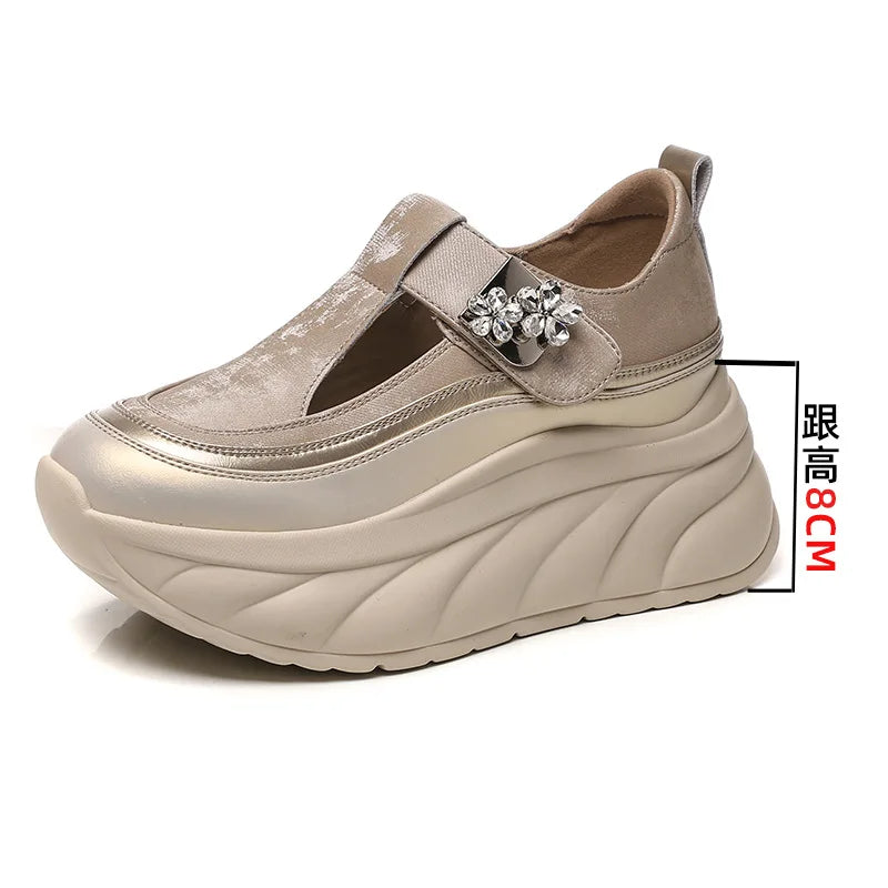 Fujin 8cm Platform Sneakers for Women Casual Shoes Slip on Magic Tape Chunky Shoes White Women Fashion Sneakers Walking Shoes