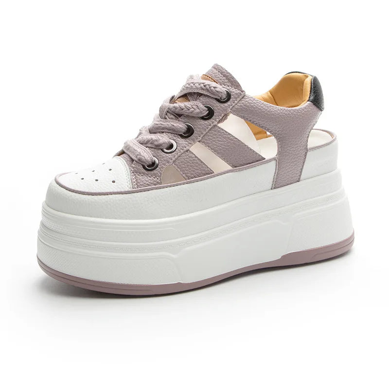 Autuspin Summer Sport Sandals Women Fashion Genuine Leather Hollow Out Vulcanized Shoes Ladies Rome Style High Platform Sneakers