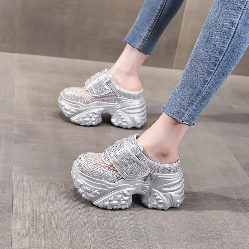 Fujin 9cm Air Mesh Microfiber Leather Women Bling Vulcanize Platform Wedge Flats Chunky Sneakers Slipper Hidden Heel Shoes