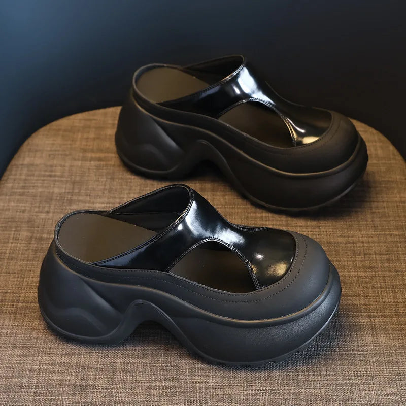 Fujin 9cm Synthetic Microfiber Leather Women Sandals Hollow Bling Vulcanize Slipper Platform Wedge Flats Chunky Sneakers Shoes