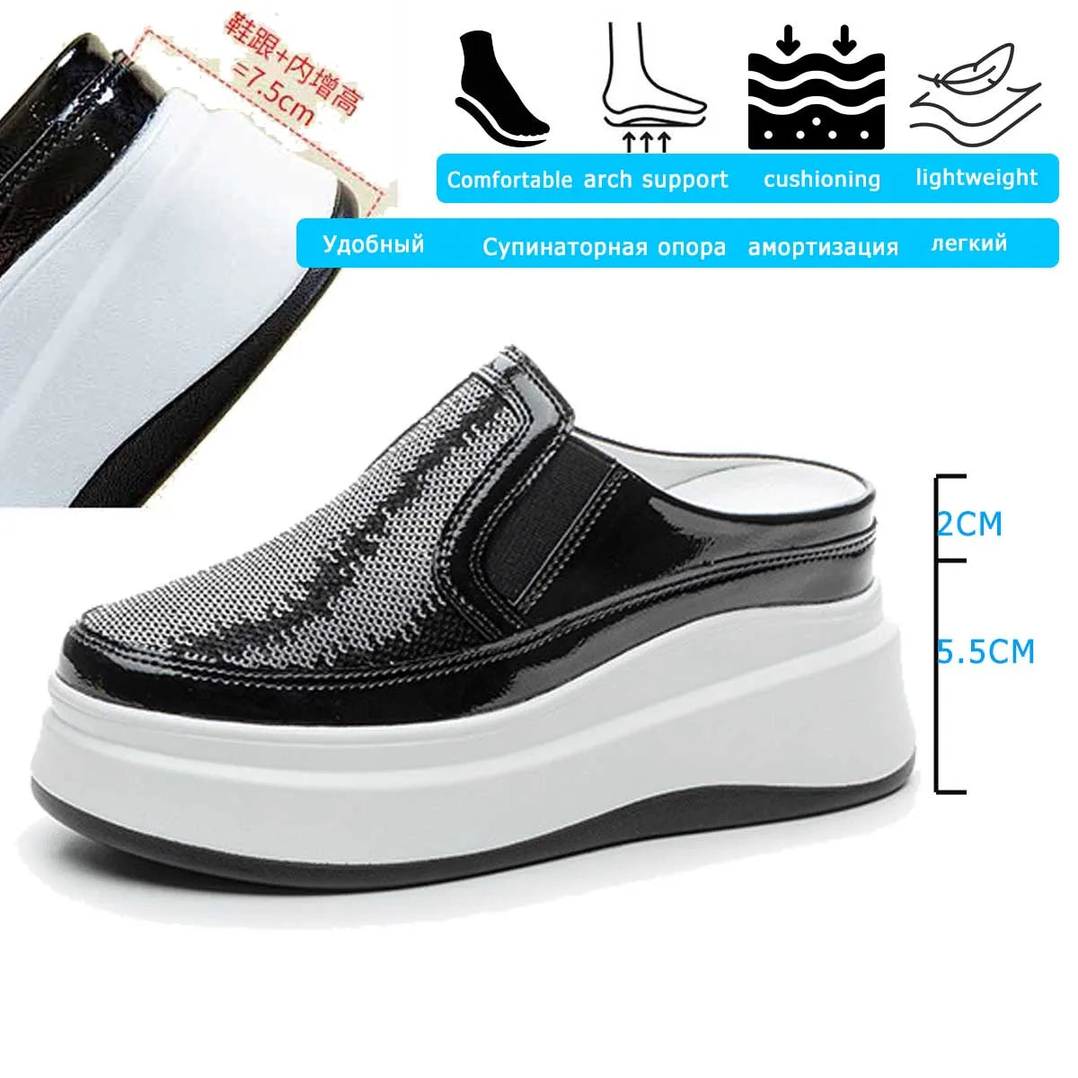 Fujin 7.5cm Patent Genuine Leather Platform Autumn Breathable Pumps Summer Spring Synthetic Chunky Heels Mary Jane Slipper Shoes