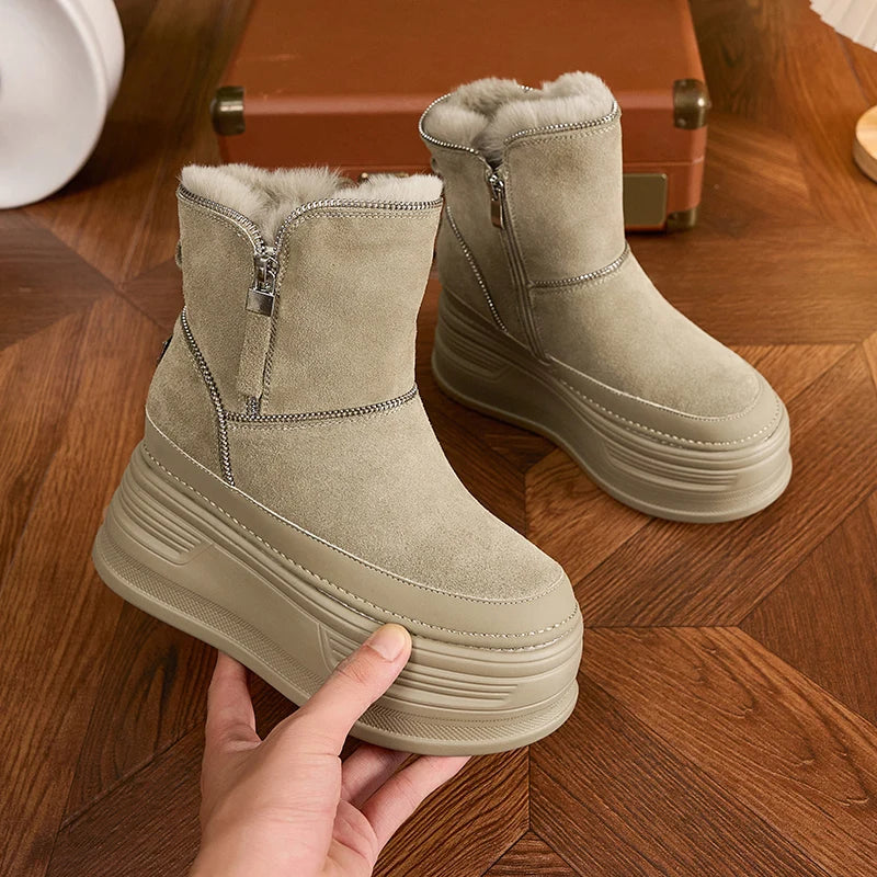 AUTUSPIN 7cm Platform Thick Bottom Snow Boots Women Winter Warm Plush Ladies Ankle Boot Suede Genuine Leather Female Shoes Woman