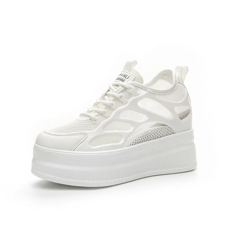 Koznoy 9cm New Air Mesh Genuine Leather Ankle Boots Summer Mixed Color Flats Comfy Hollow Women Chunky Sneaker Breathable Shoes