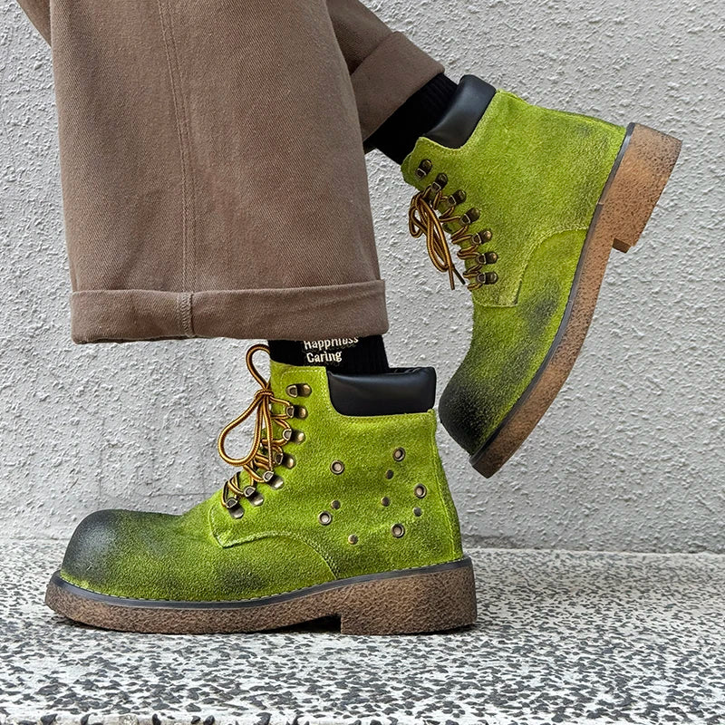 STRONGSHEN Handmade Men Motorcycle Boots Chunky Ankle Boots Leather Men Boots Retro Round Toe Autumn Winter Punk Street Style